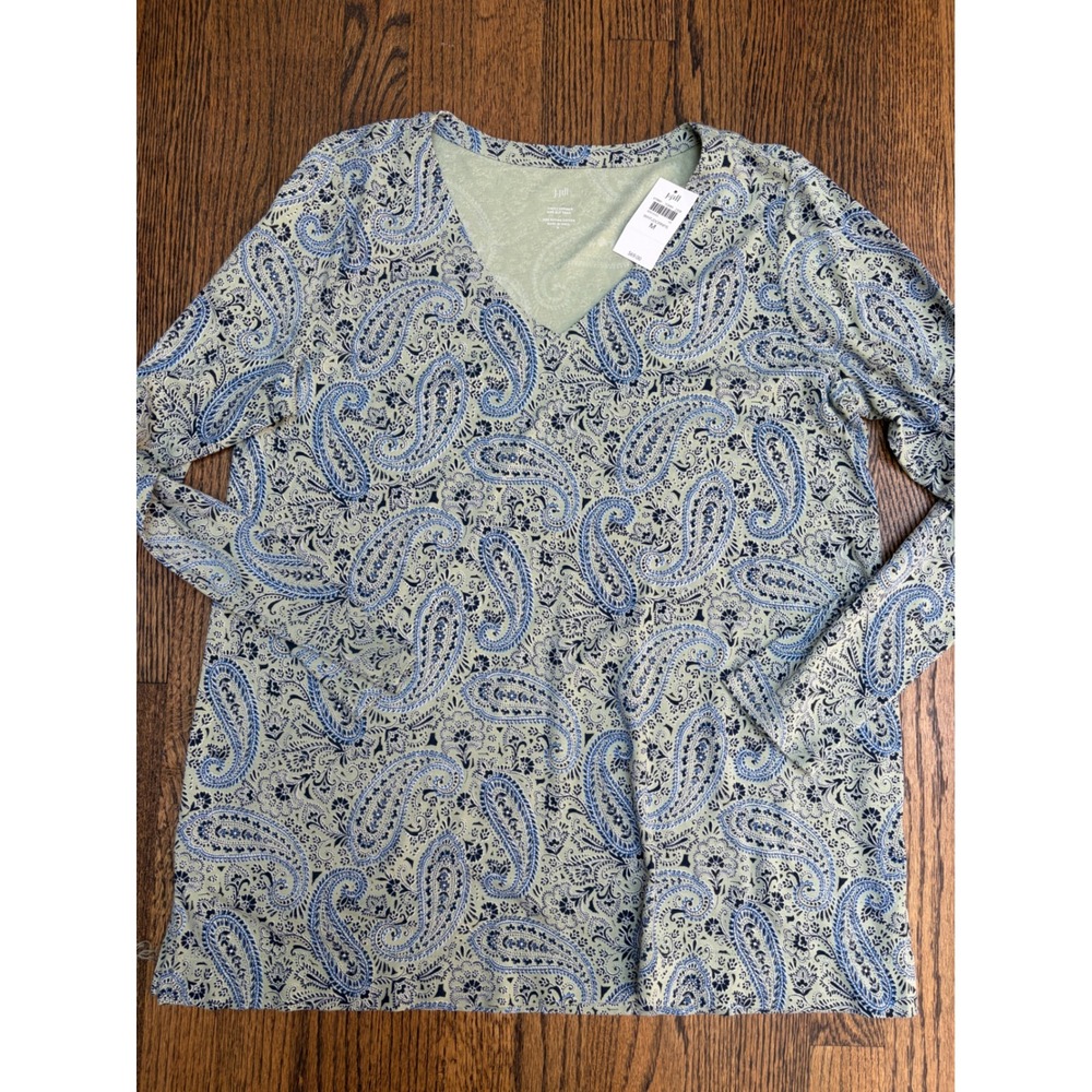 J. Jill Tunic Women M Green Paisley NWT Simply Supima Cotton V-Neck Long Sleeve